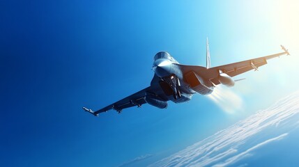 A jet airplane taking off against a clear blue sky, vibrant sunlight, dynamic and powerful scene, ultra-detailed, high resolution, aviation theme.