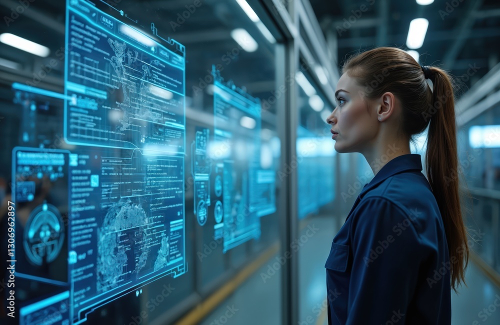 Poster woman looks at ai interface with data visualization. digital transformation, big data analysis, busi