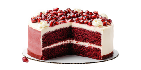 a beautifully layered red velvet cake. featuring rich red sponge layers separated by creamy frosting and topped with pomegranate seeds and decorative swirls the cake is presented on a round base. high
