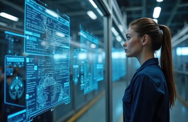 Woman looks at AI interface with data visualization. Digital transformation, big data analysis, business intelligence, machine learning. Artificial intelligence tech in production setting, seamless