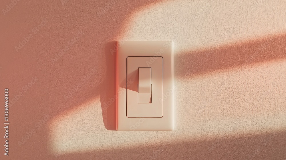 Poster light switch on a peach-colored wall. the switch is rectangular in shape and has a white cover with 