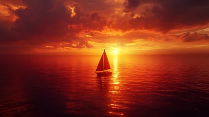 Fototapeta premium A lone sailboat gliding through calm waters at sunset, deep red and golden light illuminating the horizon, serene and peaceful atmosphere, ultra-realistic, high definition.