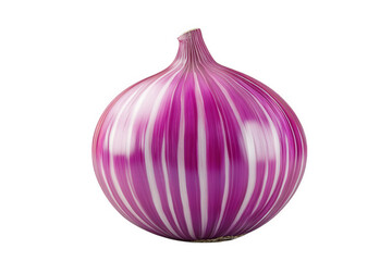 a vibrant. striped red onion with a smooth surface and rounded shape. showcasing its unique coloration and texture against a plain white background this visually appealing representation highlights th