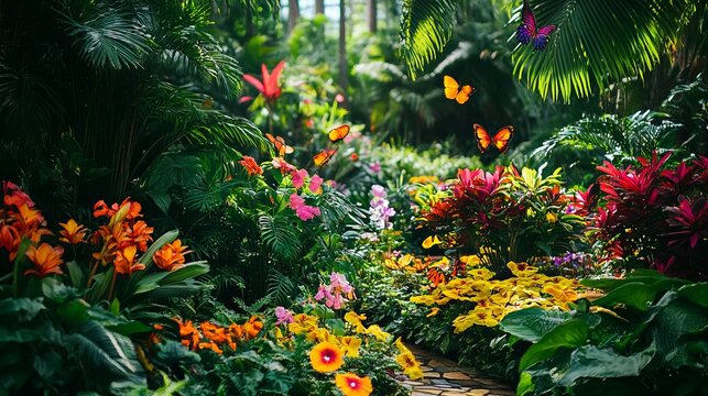 A lush tropical forest, colorful flowers, butterflies fluttering