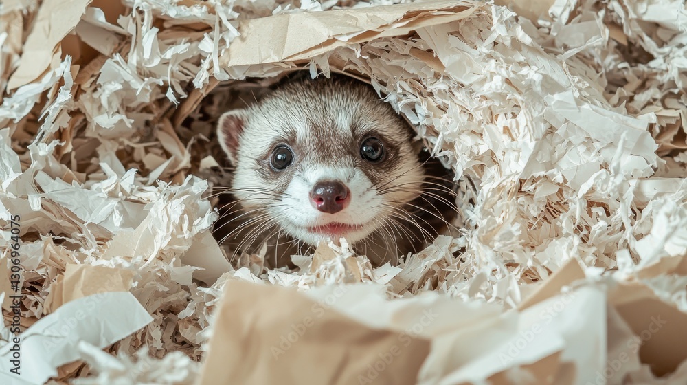 Poster close-up of a ferret peeking out of a hole in a pile of shredded paper. the ferret is looking direct