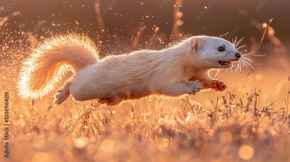 Poster photograph of a weasel in mid-air, with its body stretched out and its tail extended upwards. the we