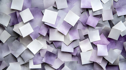 Fototapeta premium Purple and white sticky notes scattered on a surface, abstract background, ideal for note-taking or design