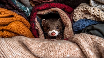 Small ferret peeking out from under a pile of blankets. the ferret is brown and white in color and is looking directly at the camera with its mouth slightly open.