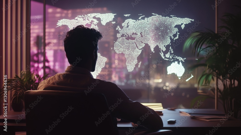 Aufkleber businessman is working late at night in his modern office analyzing interactive world map hologram s