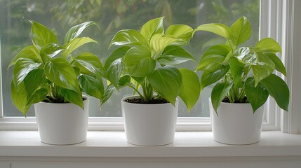 Obraz premium Lush Green Houseplants in Bright Pots on Windowsill with Natural Light