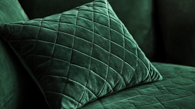 A luxurious upholstered cushion with a deep diamond pattern, soft velvet fabric, rich emerald green, ultra-detailed, high definition.