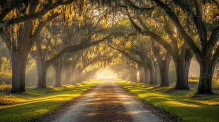 Tree lined road with golden sunlight filtering through lush oak trees in a peaceful forest landscape at sunrise

