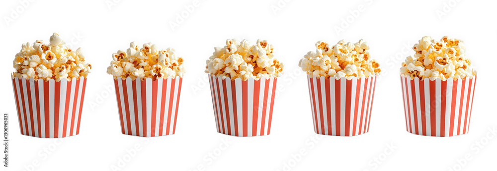 Poster five striped popcorn cups filled with fluffy popcorn. arranged in a straight line against a clean wh