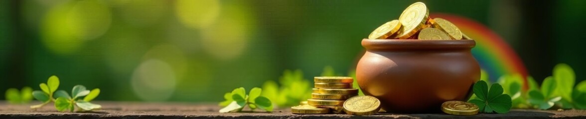 Gleaming gold coins in clay pot, shamrocks, rainbow arc , hidden, charm, pot of gold
