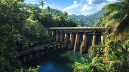 Fototapeta premium Serene Landscape of Dam Surrounded by Lush Tropical Forests and Mountains