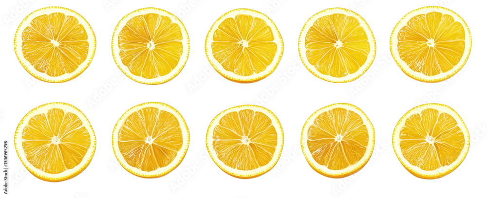 Poster neatly arranged display of lemon slices. showcasing their vibrant yellow color and circular shape ag
