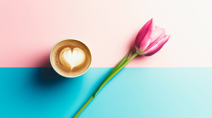 A white cup of cappuccino with thick milk foam featuring a heart latte art design sits on a pastel pink and blue background. A pink tulip lies beside it. Soft light, gentle shadows, spring vibes.