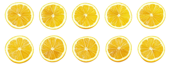 neatly arranged display of lemon slices. showcasing their vibrant yellow color and circular shape against a clean white background this presentation highlights the freshness and appeal of lemons. maki