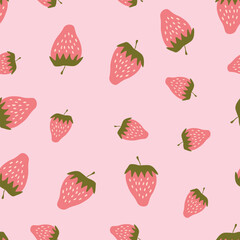 Seamless pattern with strawberry on color background. Natural delicious fresh ripe tasty fruit. Vector illustration for print, fabric, textile, banner, other design. Food concept.