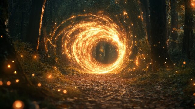 A magical portal, swirling energy, glowing lights, open in the middle of a forest