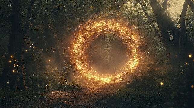 A magical portal, swirling energy, glowing lights, open in the middle of a forest