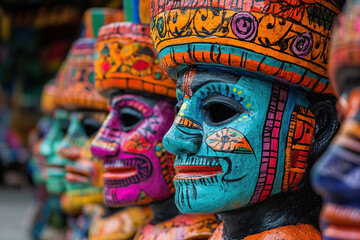 Obraz premium Mexican festival traditions in detail. Wooden head figures painted with paints. Day of the Dead.