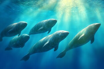 Fototapeta premium A rare shot of a narwhal pod swimming under Arctic ice, their tusks glowing in the refracted light