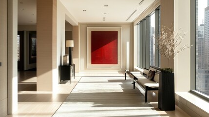A luxurious minimalist entryway in an upscale apartment, with modern decor, a clean color palette, and contemporary furniture.