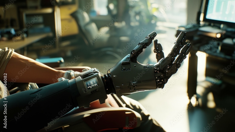 Poster futuristic robotic hand in a modern workspace, showcasing advanced technology and design elements, p