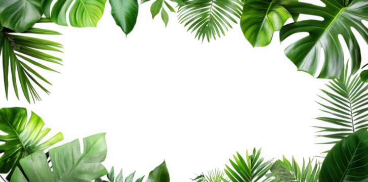 collection of various green leaves arranged in a decorative border around a blank white space. creating a natural and fresh aesthetic this design can be used for backgrounds. invitations. or any proje