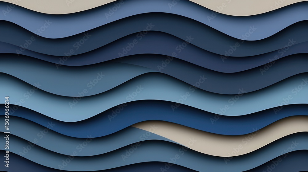 Poster abstract waves in blue tones with layered paper texture background design