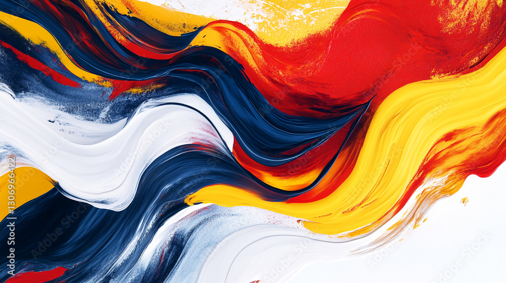 Poster abstract painting with dynamic yellow, red, blue, and white swirls, creating a vibrant and energetic