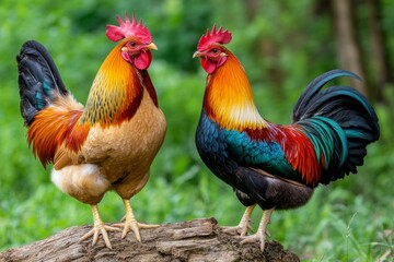 Fototapeta premium A rooster and hen standing together in a rustic farmyard, their feathers vibrant in the sunlight