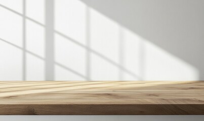 Presenting Product Display on Wood Table with Soft Sunlight Shadow