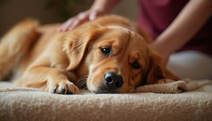 Relaxing golden retriever enjoys massage at pet spa. Dog wellness, stress relief via pro care. Canine fur comfort, grooming. Charming puppy rejuvenation treatment. Serenity, healthy lifestyle, animal