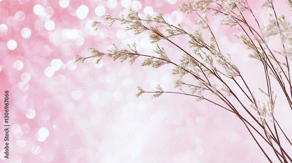 Poster soft pink bokeh background with delicate grassy stems and ethereal atmosphere