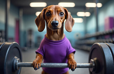 Dachshund dog in gym. Cute brown puppy wearing shirt lifts barbell, trains, sport exercise. Funny canine breed portrait, fitness lifestyle concept. Purebred dog animal at bodybuilding, powerlifting