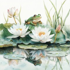 Green Frog Resting on Lily Pad Surrounded by Water Lilies