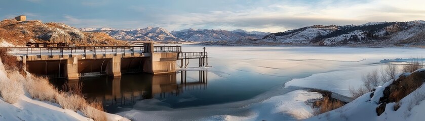 Serene Frozen Lake Landscape with Snowy Mountains and Pier