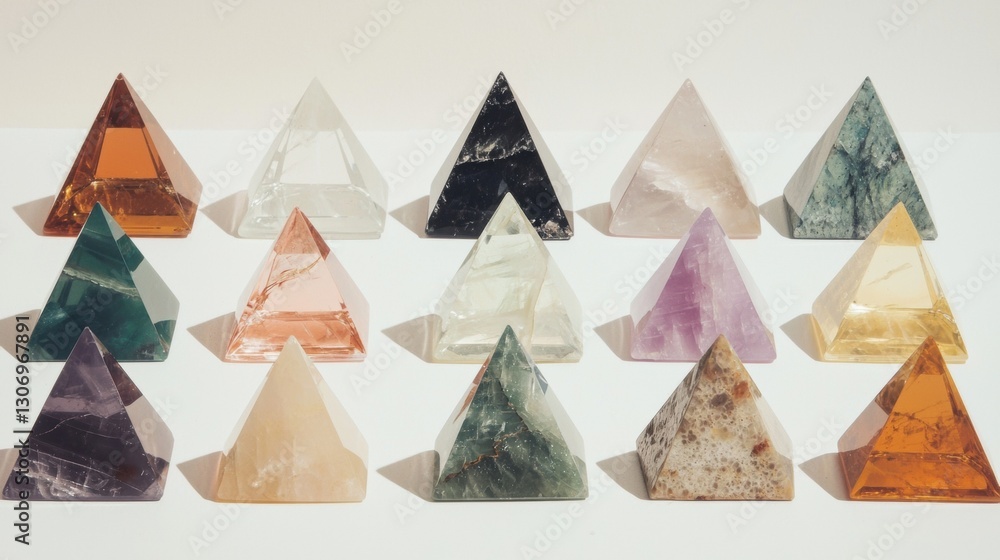 Poster collection of nine pyramid-shaped crystals arranged in a grid-like pattern on a white background.