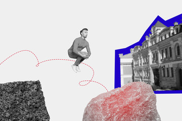 Exclusive sketch collage of astonished man jump lost town buildings apartment travel vacation...