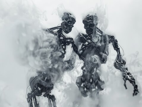 Cybernetic Embrace, Mechanical figures shrouded in ethereal smoke and mystery - Powered by Adobe