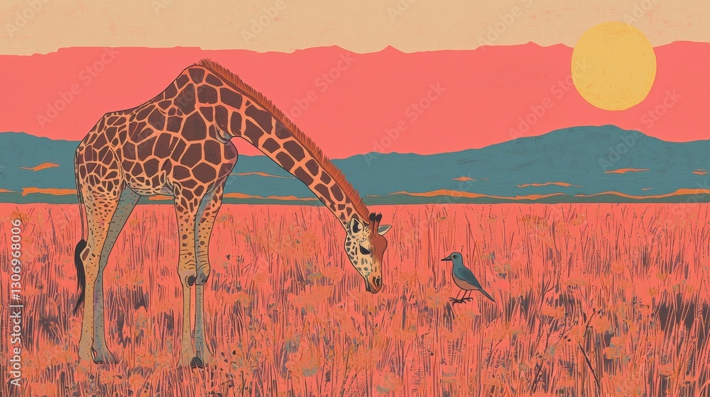Poster illustration of a giraffe standing in a field of tall grass. the giraffe is facing towards the right