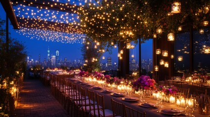 83.A rooftop wedding reception under string lights and a canopy of stars, with elegant dining tables and a view of the city skyline.