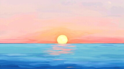 The vibrant artwork depicts a beautiful sunset over the tranquil ocean horizon