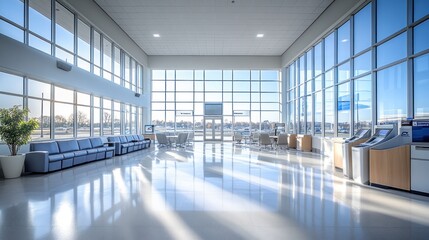 Fototapeta premium Modern car dealership lobby, spacious interior, sunlight streaming in