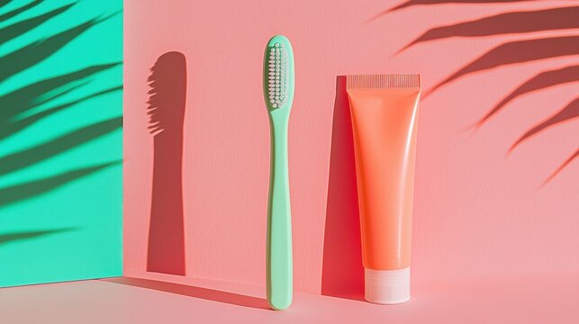 Toothbrush and a tube of toothpaste on a pink background. the toothbrush is green with white bristles and is placed on the left side of the image.