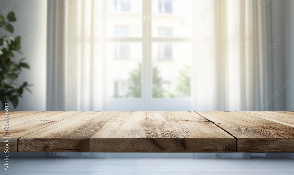 Poster wooden table surface with bright window background for product display