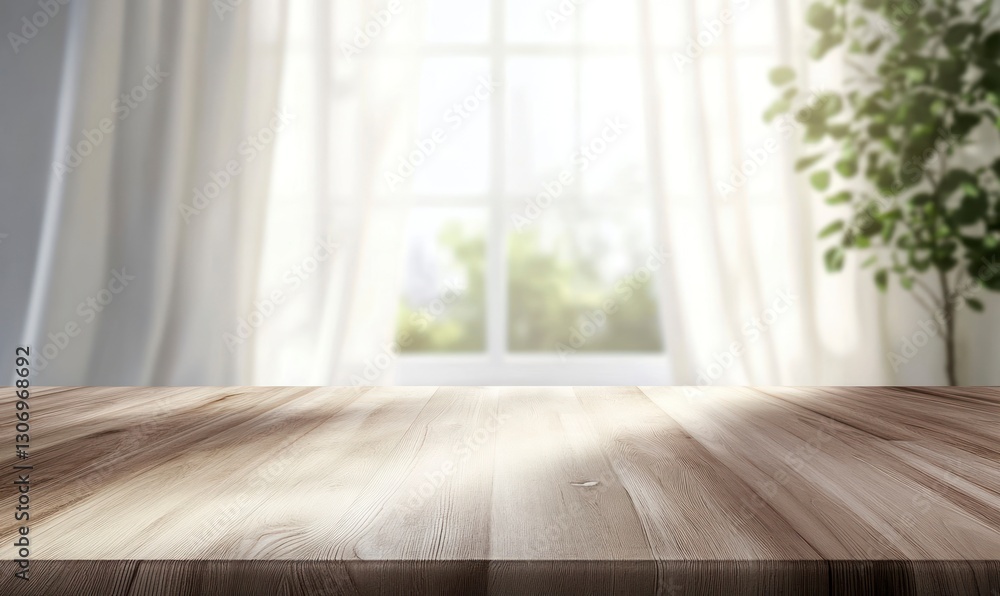 Poster wooden table with bright window view and greenery backdrop background
