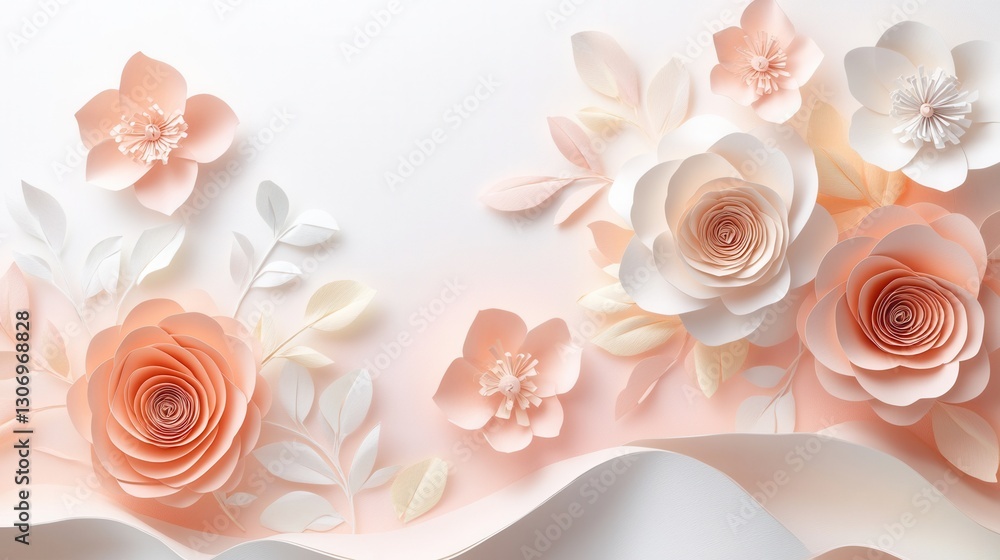 Poster delicate pastel paper flowers and leaves create an elegant art background with smooth layers in blus